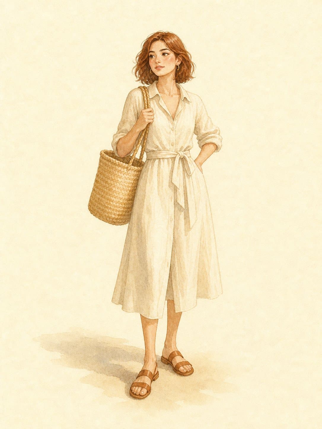 10-Piece Summer Capsule, Outfit 3 (Cafe lunch): cream linen midi shirtdress, brown leather flat sandals, woven straw market tote