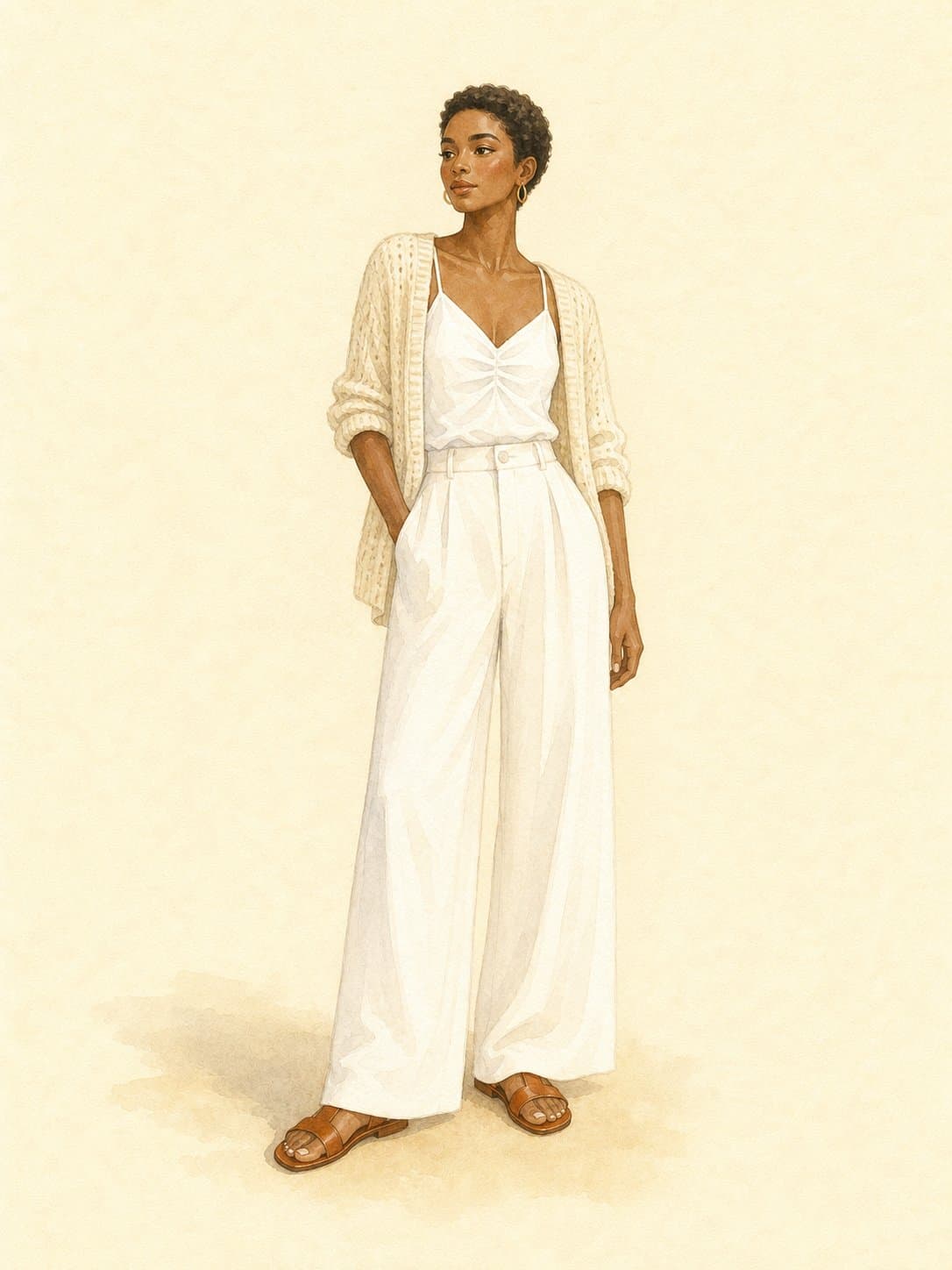 10-Piece Summer Capsule, Outfit 5 (Dinner out): white ruched cami, cream knit cardigan, white wide-leg trousers, brown leather flat sandals