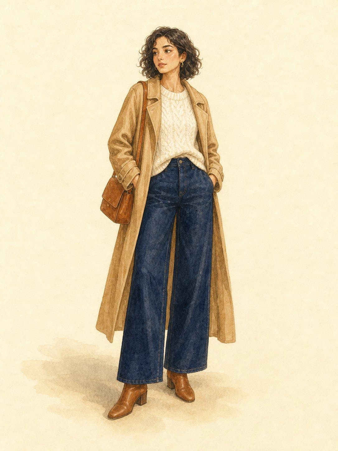 10-Piece Winter Capsule, Outfit 1 (Cold-morning errand): cream chunky knit sweater, dark wash wide-leg jeans, cognac leather ankle boots, cognac structured leather bag, camel oversized trench coat