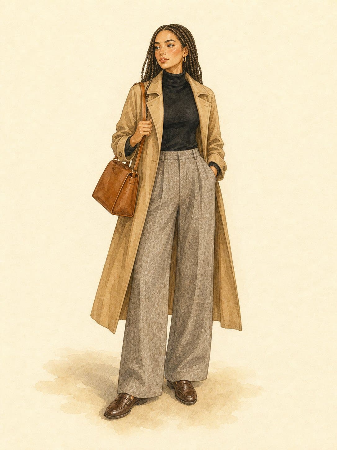 10-Piece Winter Capsule, Outfit 2 (Office day): black fine-gauge turtleneck, heathered gray-taupe wide-leg pleated trousers, dark brown leather loafers, cognac structured leather bag, camel oversized trench coat