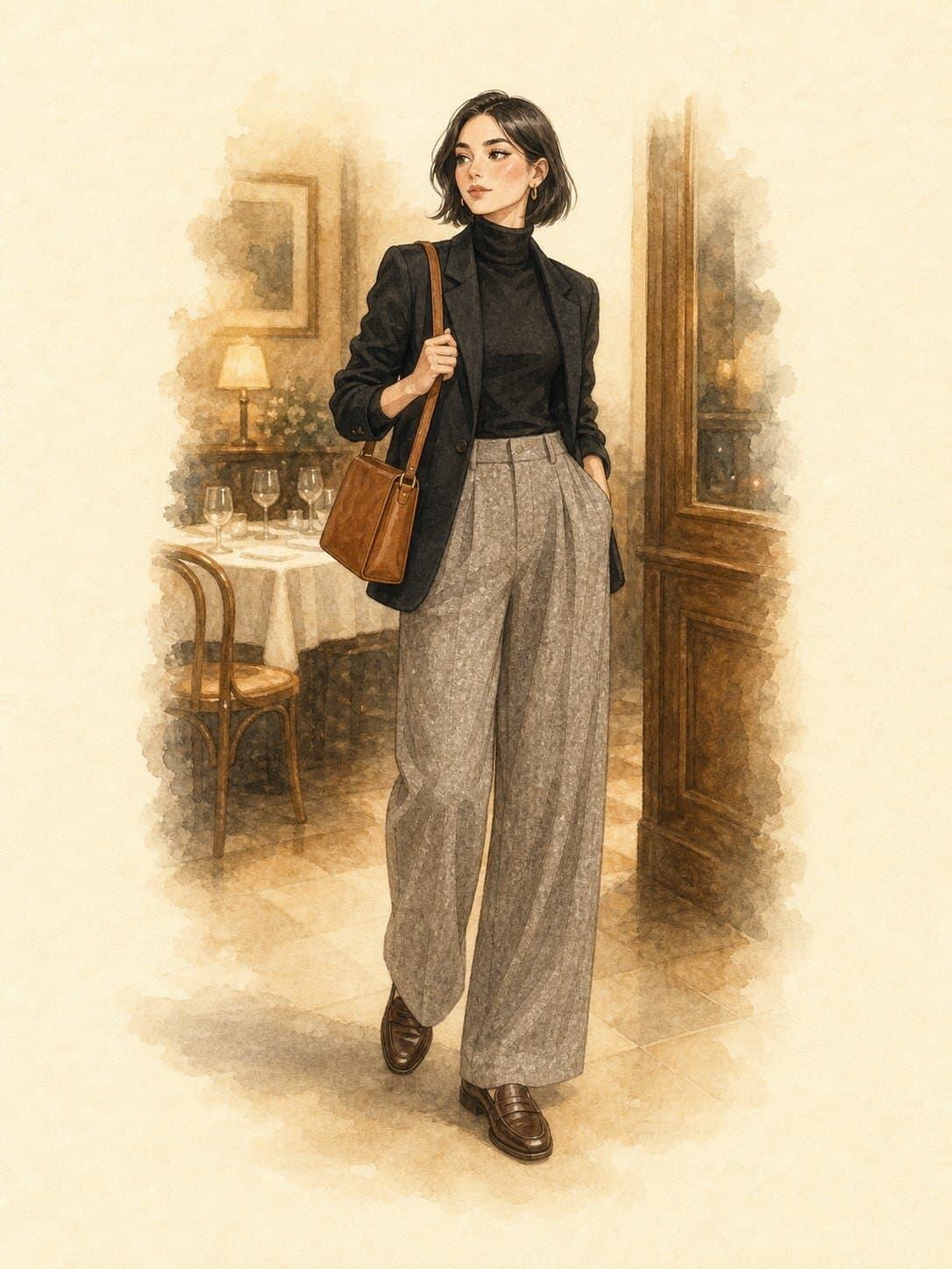 10-Piece Winter Capsule, Outfit 3 (Restaurant evening): black fine-gauge turtleneck, black structured blazer, heathered gray-taupe wide-leg pleated trousers, dark brown leather loafers, cognac structured leather bag