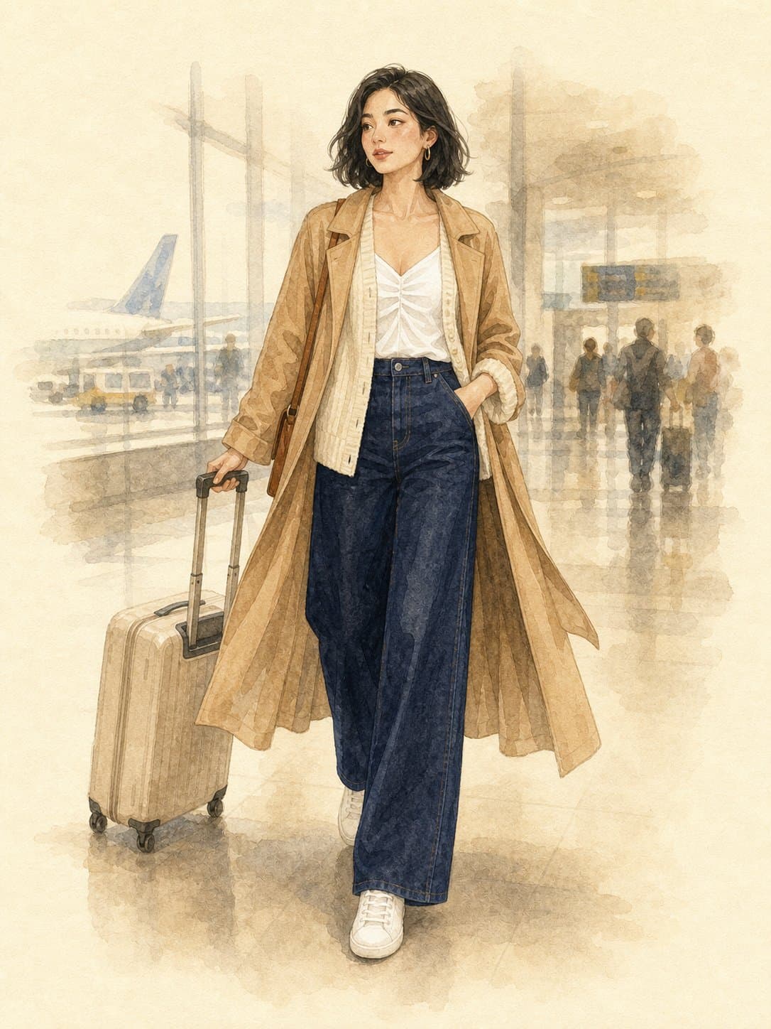 12-Piece Carry-On Capsule, Travel day departure: white ruched cami top, cream knit cardigan, dark wash wide-leg jeans, white low-top sneakers, camel oversized trench coat
