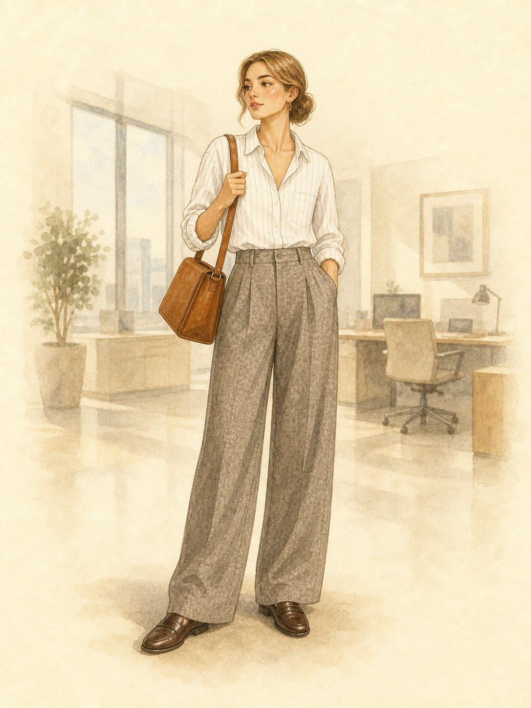 12-Piece Work Capsule, Office day basic: white pinstripe linen shirt, heathered gray-taupe wide-leg pleated trousers, dark brown leather loafers, cognac structured leather bag