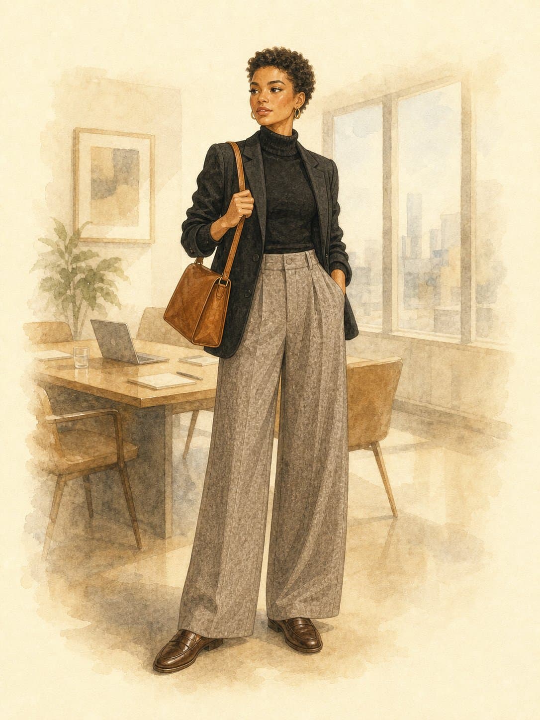 12-Piece Work Capsule, Client meeting polished: black fine-gauge turtleneck, black structured blazer, heathered gray-taupe wide-leg pleated trousers, dark brown leather loafers, cognac structured leather bag