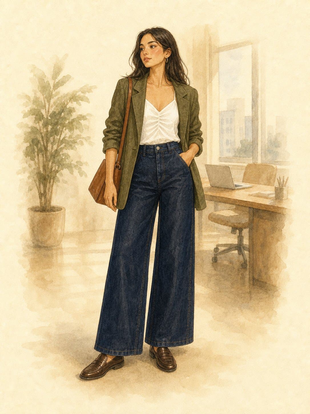 12-Piece Work Capsule, Casual Friday: white ruched cami, olive green wool blazer, dark wash wide-leg jeans, dark brown leather loafers, cognac structured leather bag