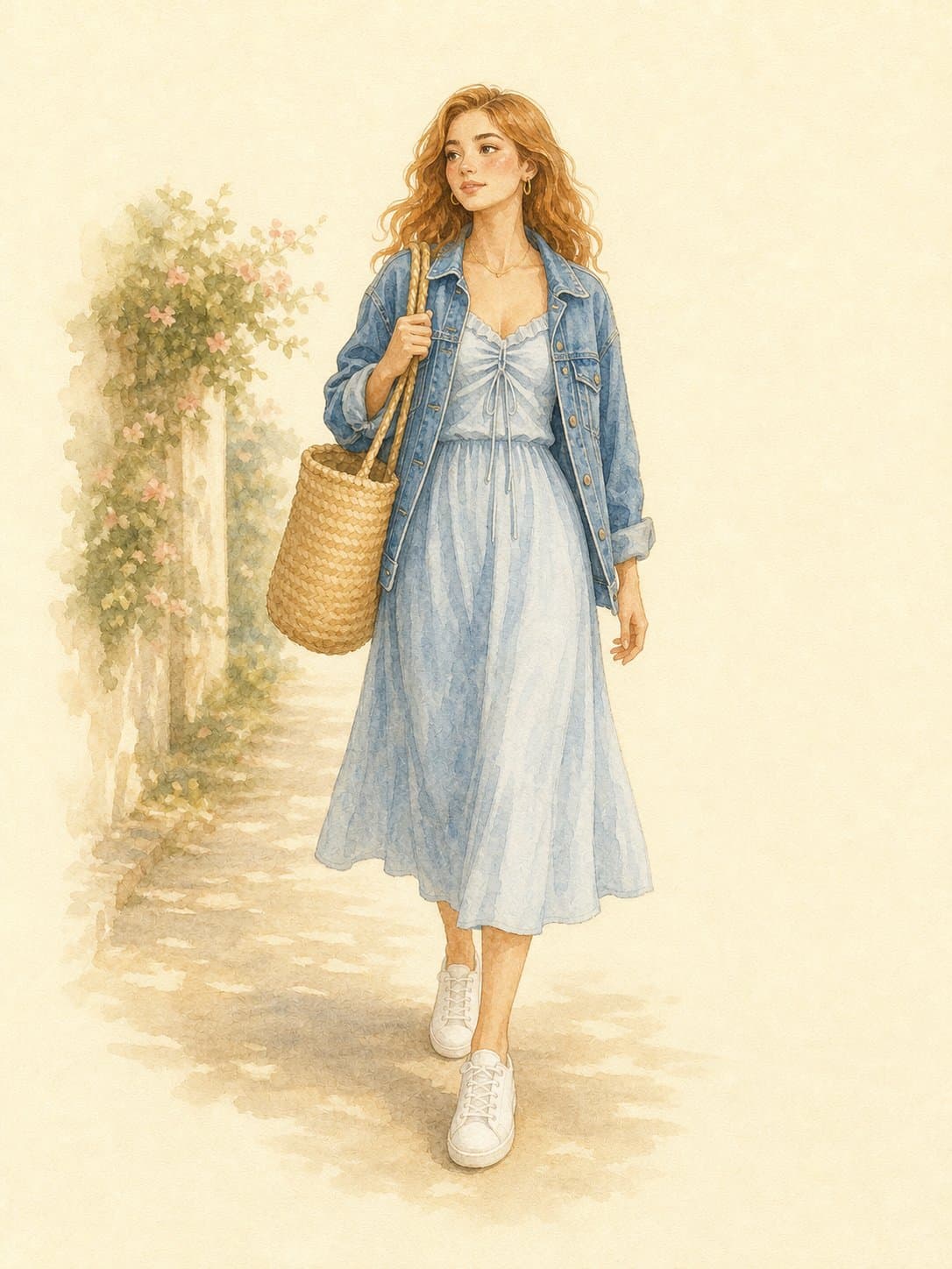 30-Piece Year-Round Capsule, Spring 03 (Brunch with friends): powder blue linen midi dress, oversized denim jacket, white low-top sneakers, woven straw market tote