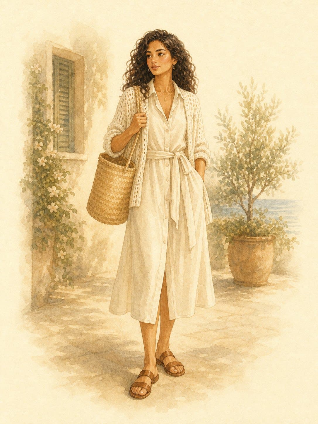 30-Piece Year-Round Capsule, Summer 02 (Restaurant evening): cream linen midi shirtdress, cream knit cardigan, brown leather flat sandals, woven straw market tote