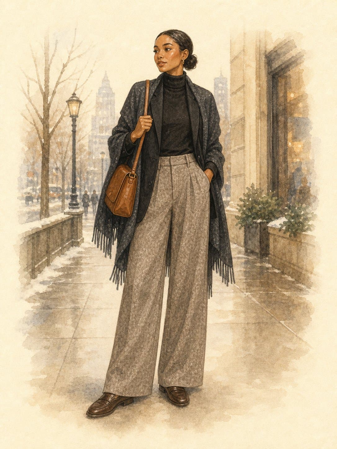 30-Piece Year-Round Capsule, Winter 02 (Restaurant evening, cold): black fine-gauge turtleneck, black structured blazer, heathered gray-taupe wide-leg pleated trousers, dark brown leather loafers, dark charcoal wool-blend draped jacket, cognac structured leather bag