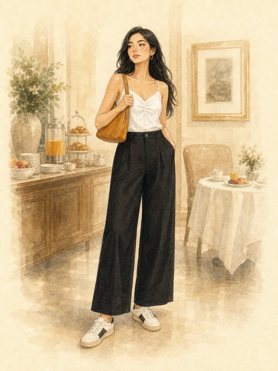 8-Piece Summer Capsule, Hotel breakfast: white ruched cami top, black wide-leg trousers, white-and-black Onitsuka Tiger sneakers, tan leather shoulder bag