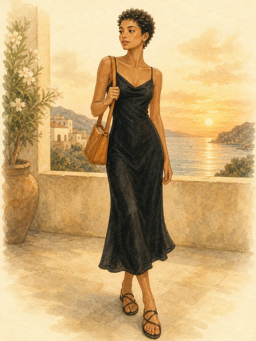 8-Piece Summer Capsule, Restaurant dinner: black midi slip dress, black crossover flat sandals, tan leather shoulder bag