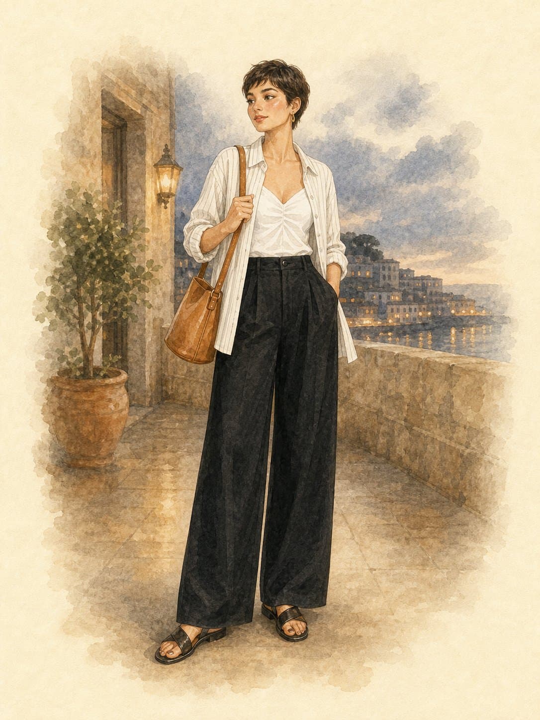 8-Piece Summer Capsule, Layered evening: white ruched cami, white pinstripe linen shirt, black wide-leg trousers, black crossover flat sandals, tan leather shoulder bag
