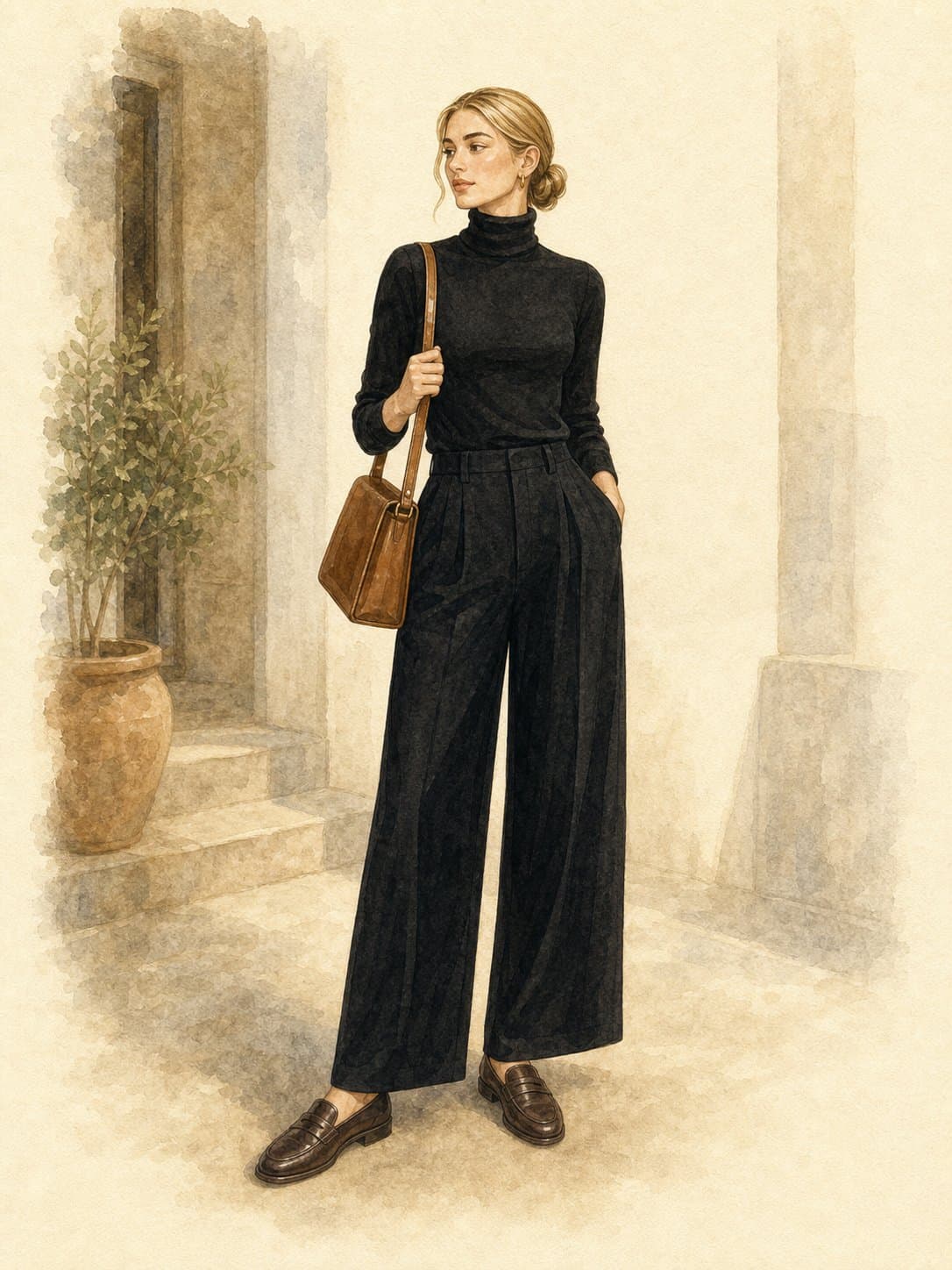 Anti-Trend Capsule, The Carolyn outfit: black fine-gauge turtleneck, black wide-leg trousers, dark brown leather loafers, cognac structured leather bag