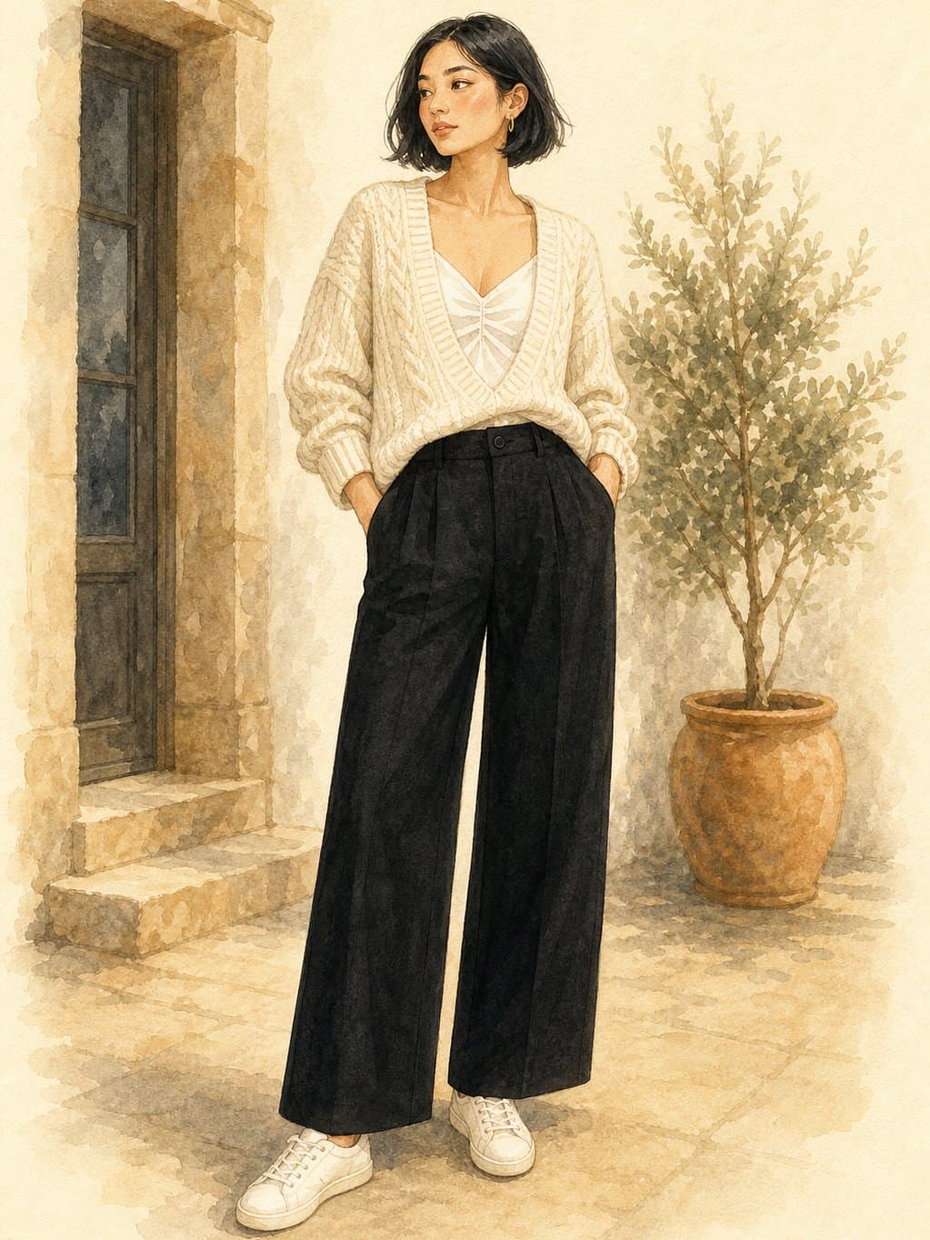 Anti-Trend Capsule, The Row weekend: white ruched cami, cream chunky knit sweater, black wide-leg trousers, white low-top sneakers