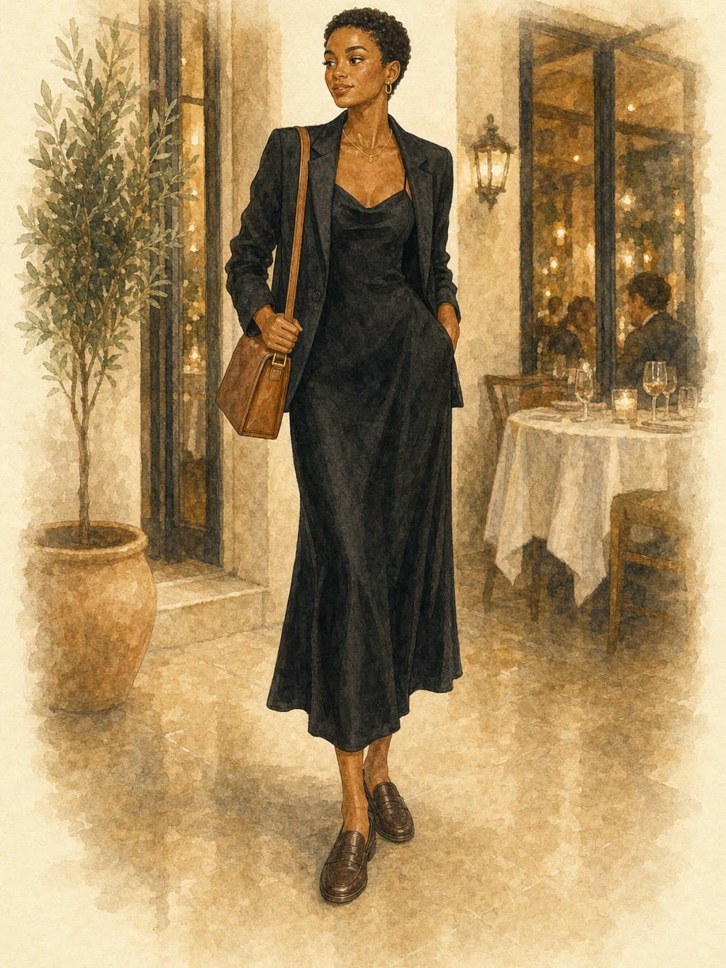 Anti-Trend Capsule, Restaurant evening: black midi slip dress, black structured blazer, dark brown leather loafers, cognac structured leather bag