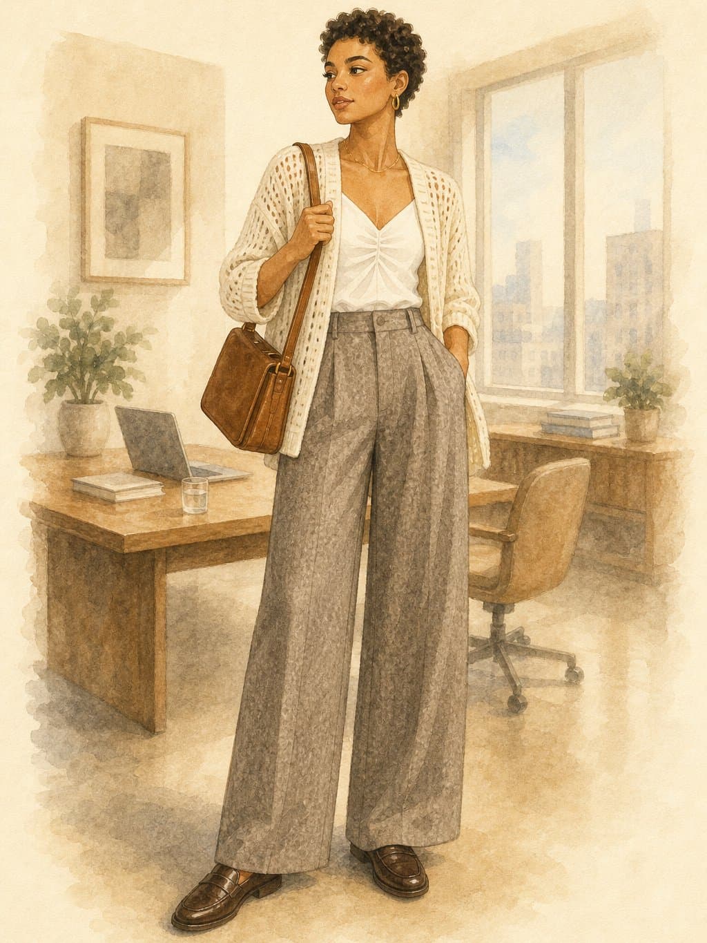 Business-Casual Capsule, Office day soft-business-casual: white ruched cami, cream knit cardigan, heathered gray-taupe wide-leg pleated trousers, dark brown leather loafers, cognac structured leather bag