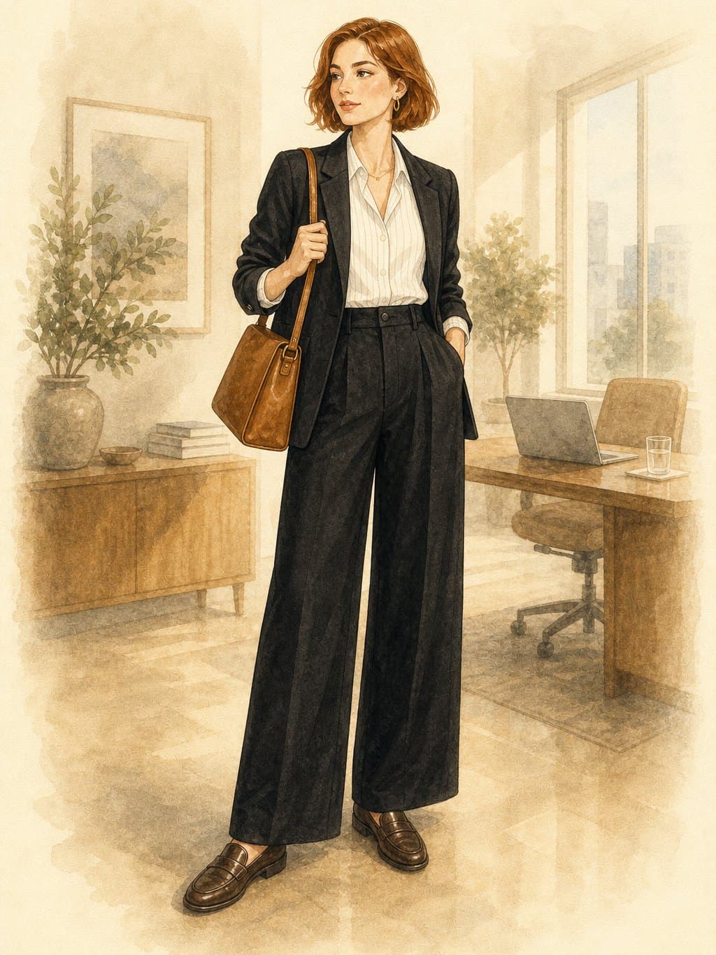 Business-Casual Capsule, Interview polished: white pinstripe linen shirt, black structured blazer, black wide-leg trousers, dark brown leather loafers, cognac structured leather bag