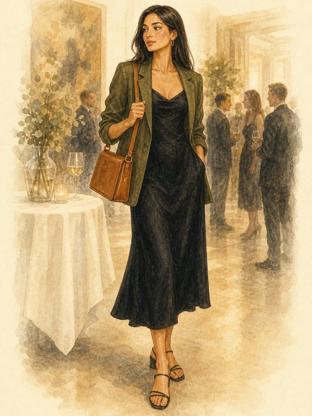 Business-Casual Capsule, Networking event evening: black midi slip dress, olive green wool blazer, black strappy heeled sandals, cognac structured leather bag