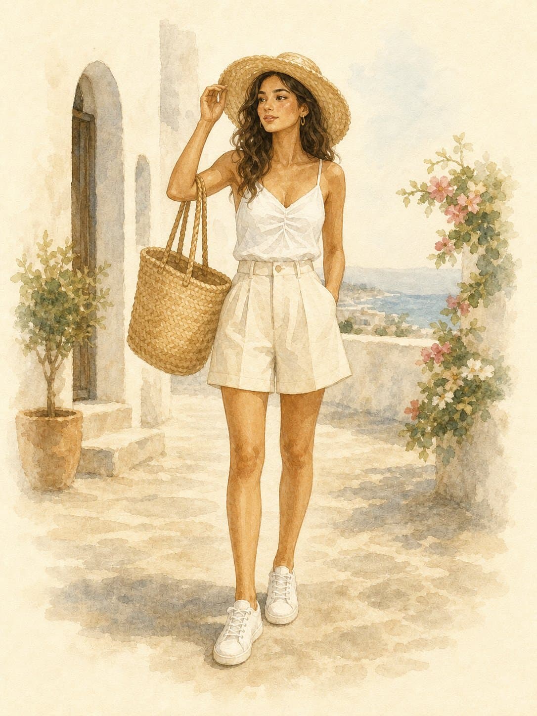 Mediterranean Carry-On Capsule, Hotel arrival: white ruched cami top, cream pleated tailored shorts, white low-top sneakers, woven straw market tote, straw sun hat