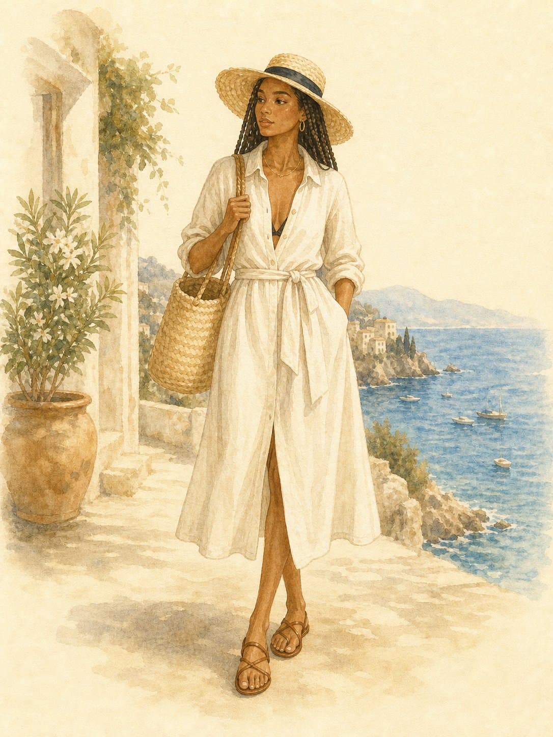 Mediterranean Carry-On Capsule, Beach day: cream linen midi shirtdress, brown leather flat sandals, woven straw market tote, straw sun hat