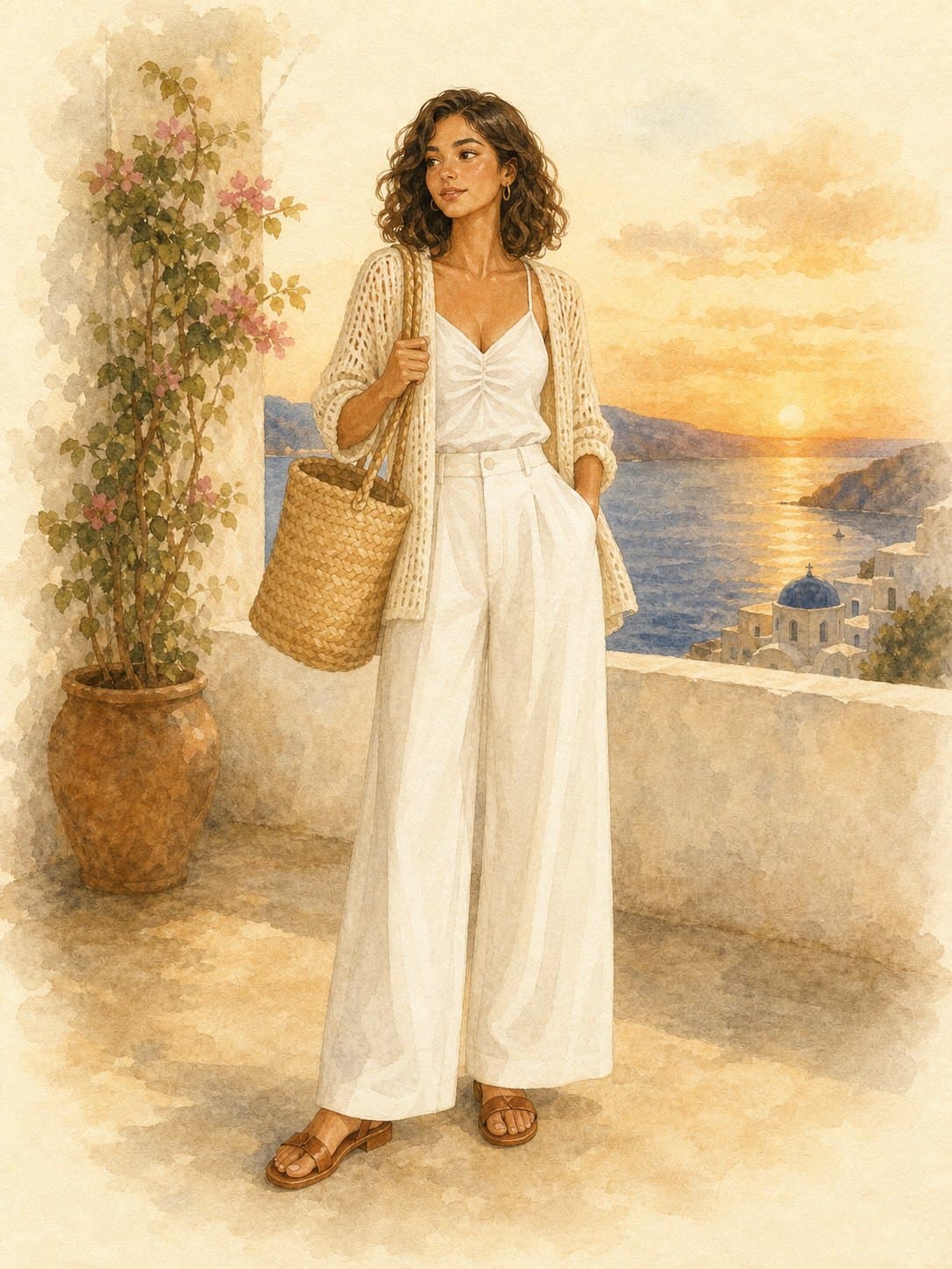 Mediterranean Carry-On Capsule, Sunset cocktails: white ruched cami, cream knit cardigan, white wide-leg trousers, brown leather flat sandals, woven straw market tote