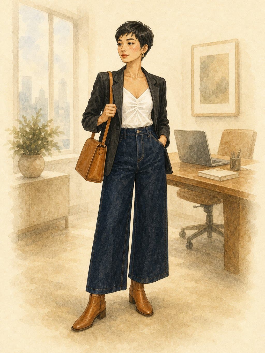 Petite Capsule, Office day: white ruched cami, black structured blazer, dark wash wide-leg jeans, cognac leather ankle boots, cognac structured leather bag