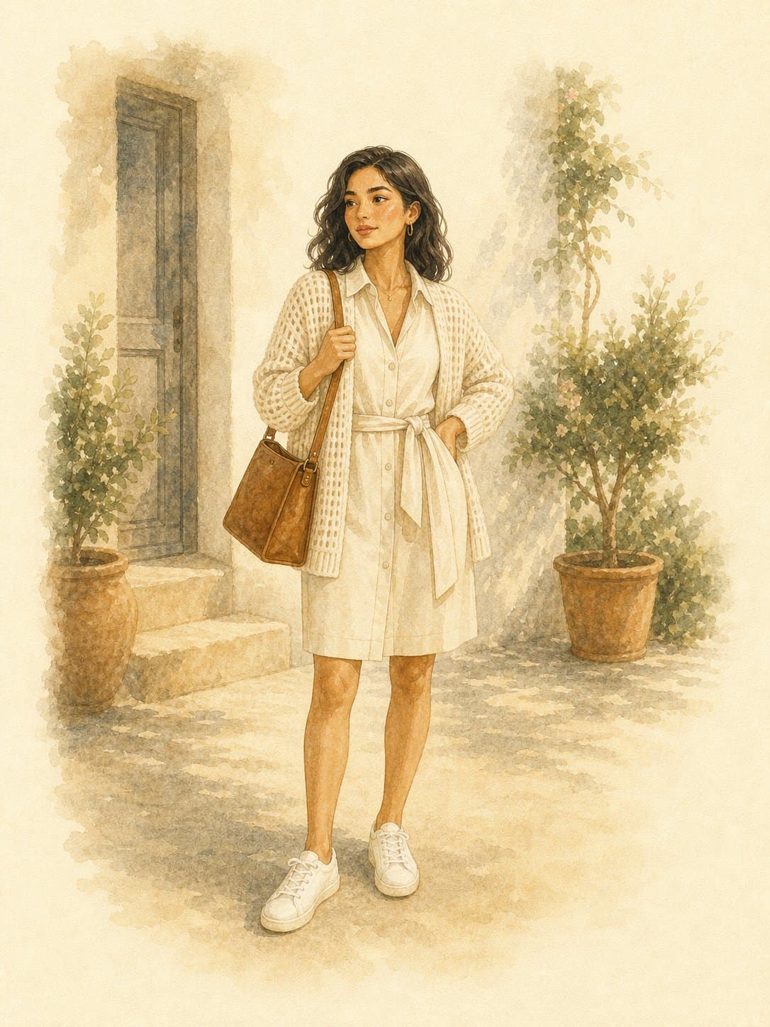 Petite Capsule, Smart day: cream linen midi shirtdress, cream knit cardigan, white low-top sneakers, cognac structured leather bag