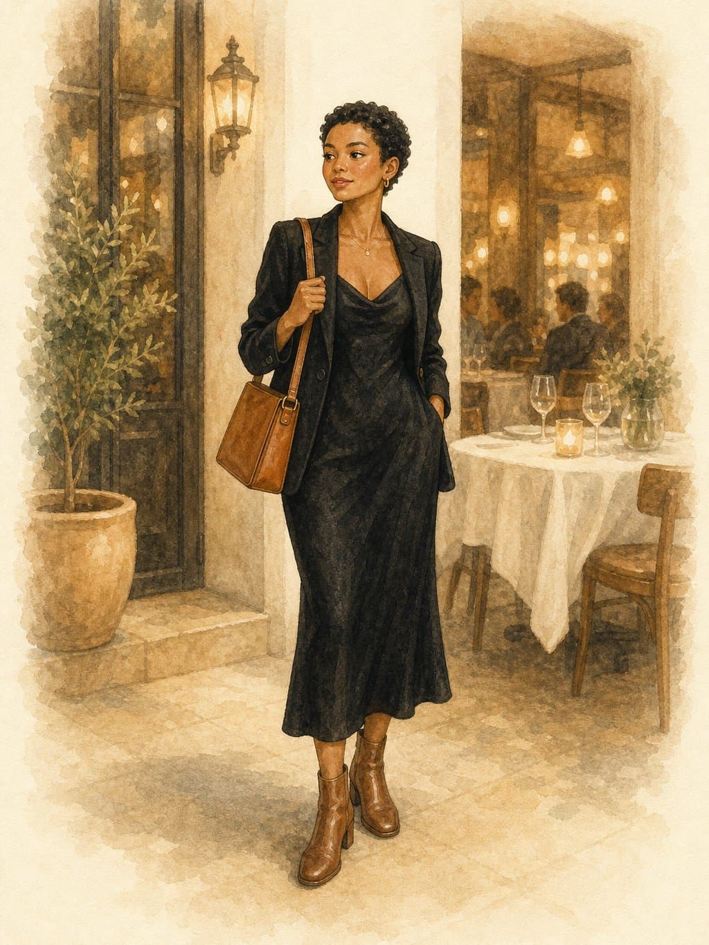 Petite Capsule, Restaurant dinner: black midi slip dress, black structured blazer, cognac leather ankle boots, cognac structured leather bag