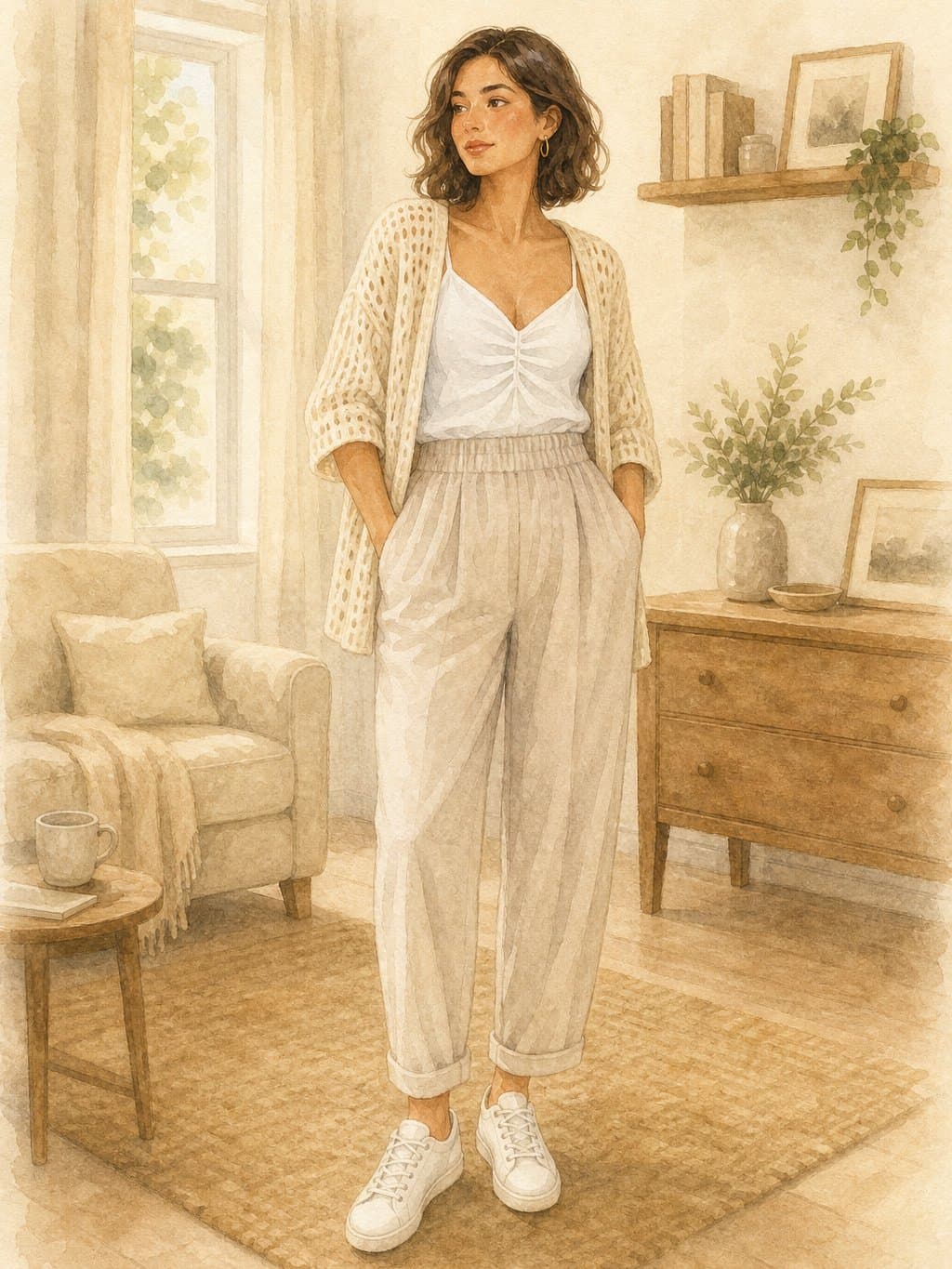 Postpartum Capsule, Newborn home day: white ruched cami, cream knit cardigan, stone relaxed tapered trousers, white low-top sneakers