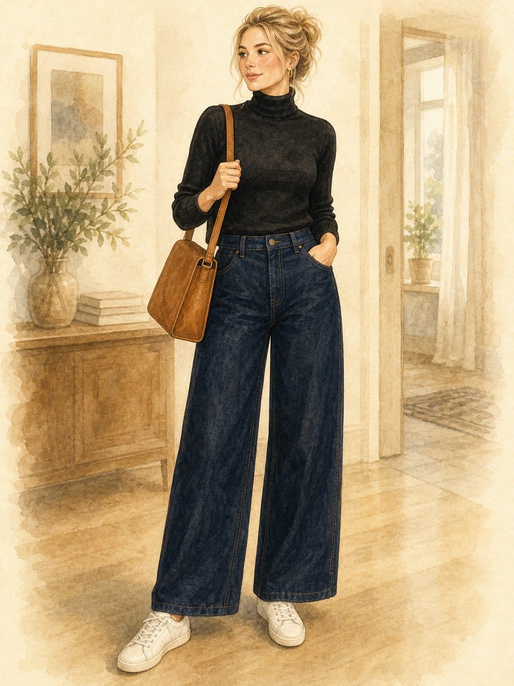 Postpartum Capsule, Milestone day jeans return: black fine-gauge turtleneck, dark wash wide-leg jeans, white low-top sneakers, cognac structured leather bag