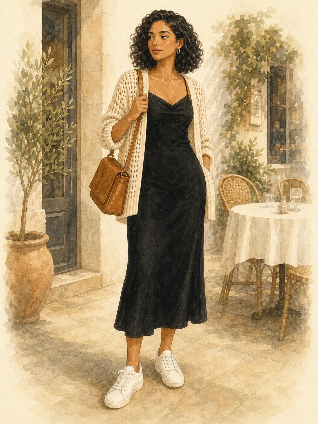 Postpartum Capsule, Postpartum lunch out: black midi slip dress, cream knit cardigan, white low-top sneakers, cognac structured leather bag