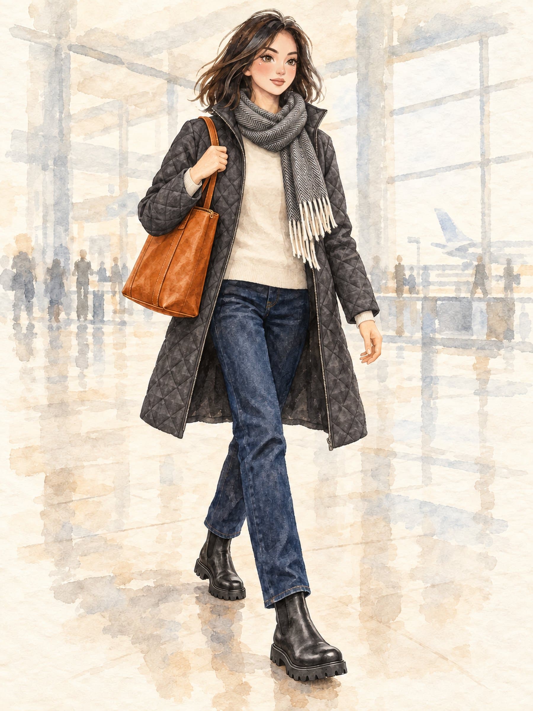 Thanksgiving Carry-On Capsule, Wednesday flight: dark indigo straight jeans, ivory fine merino crew, charcoal knee-length quilted coat, black lug-sole Chelsea boots, cognac leather zip-top tote, charcoal herringbone blanket scarf