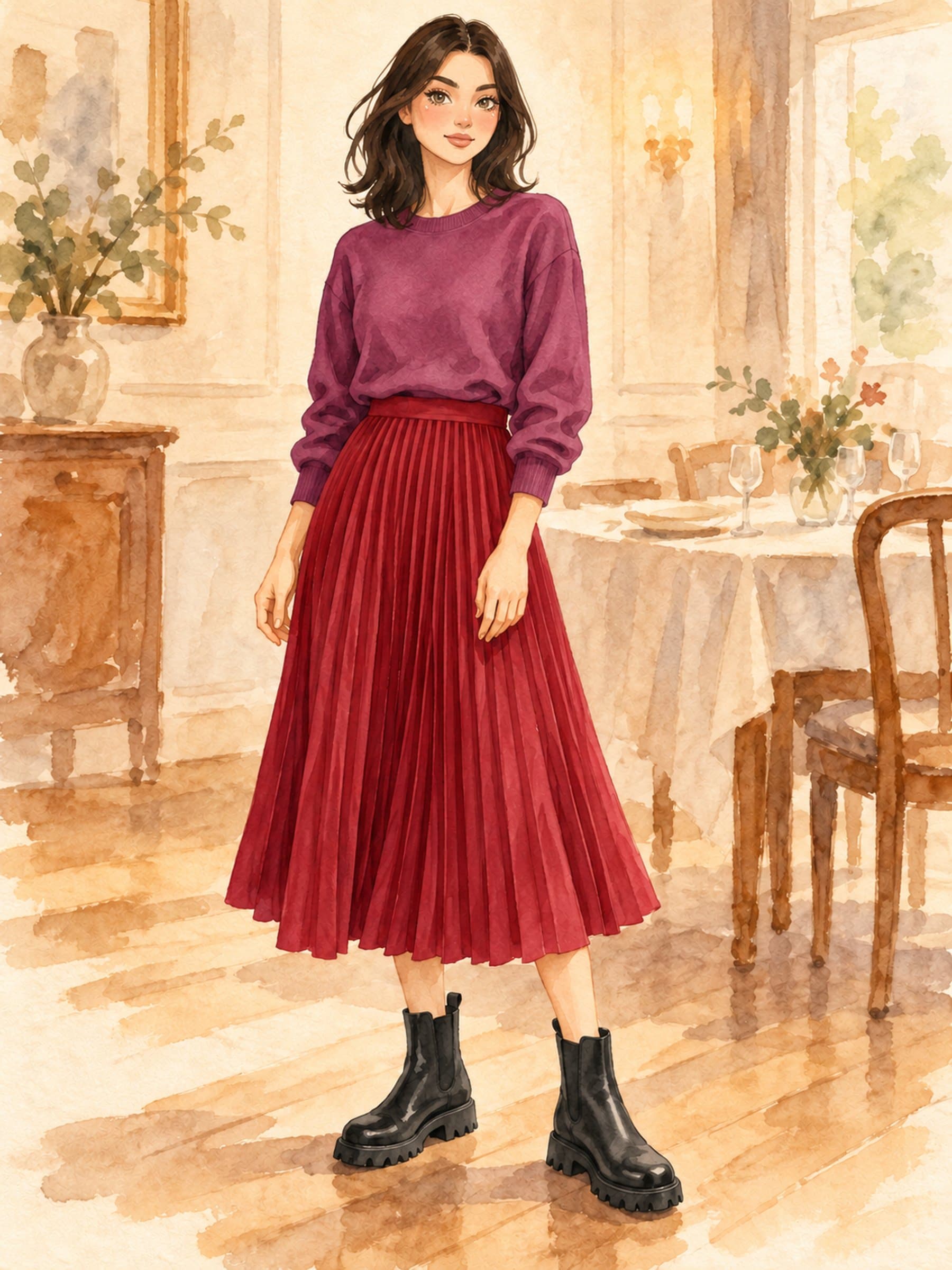 Thanksgiving Carry-On Capsule, Thanksgiving dinner: cranberry pleated midi skirt, plum merino crew, black lug-sole Chelsea boots