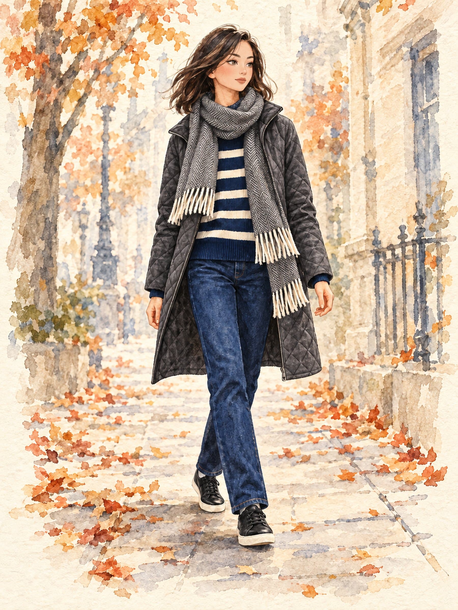 Thanksgiving Carry-On Capsule, Friday walk: dark indigo straight jeans, navy-and-ecru breton knit, black leather low-top sneakers, charcoal quilted coat, charcoal herringbone blanket scarf