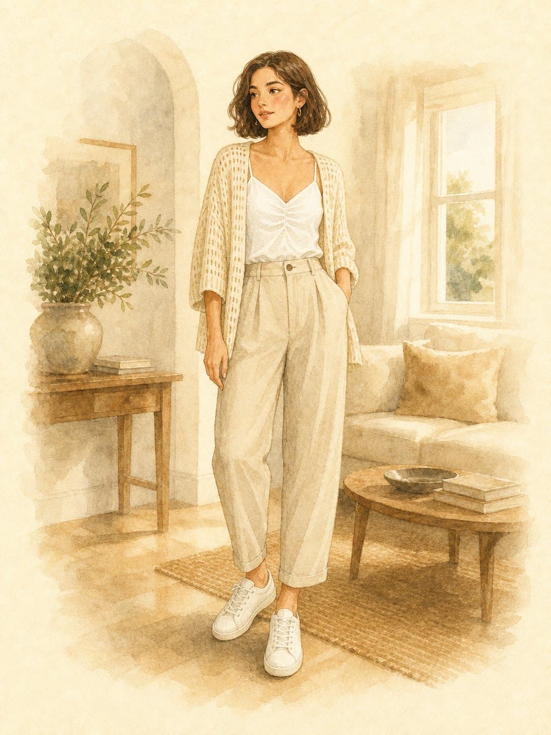 Work-From-Home Capsule, Standard Zoom day: white ruched cami, cream knit cardigan, stone relaxed tapered trousers, white low-top sneakers