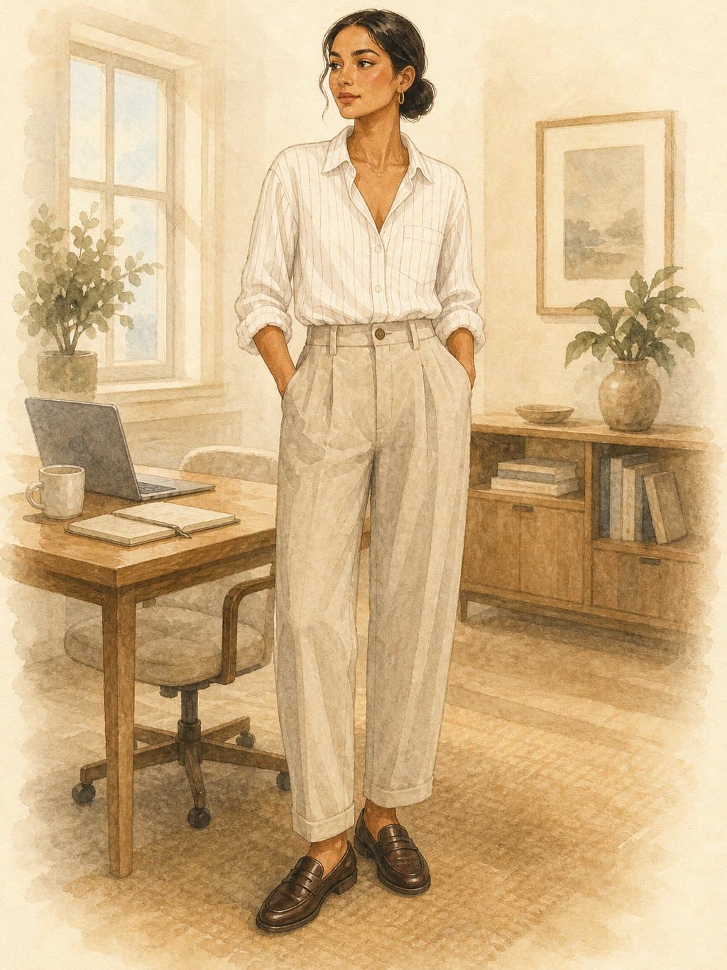 Work-From-Home Capsule, Executive-review Zoom: white pinstripe linen shirt, stone relaxed tapered trousers, dark brown leather loafers