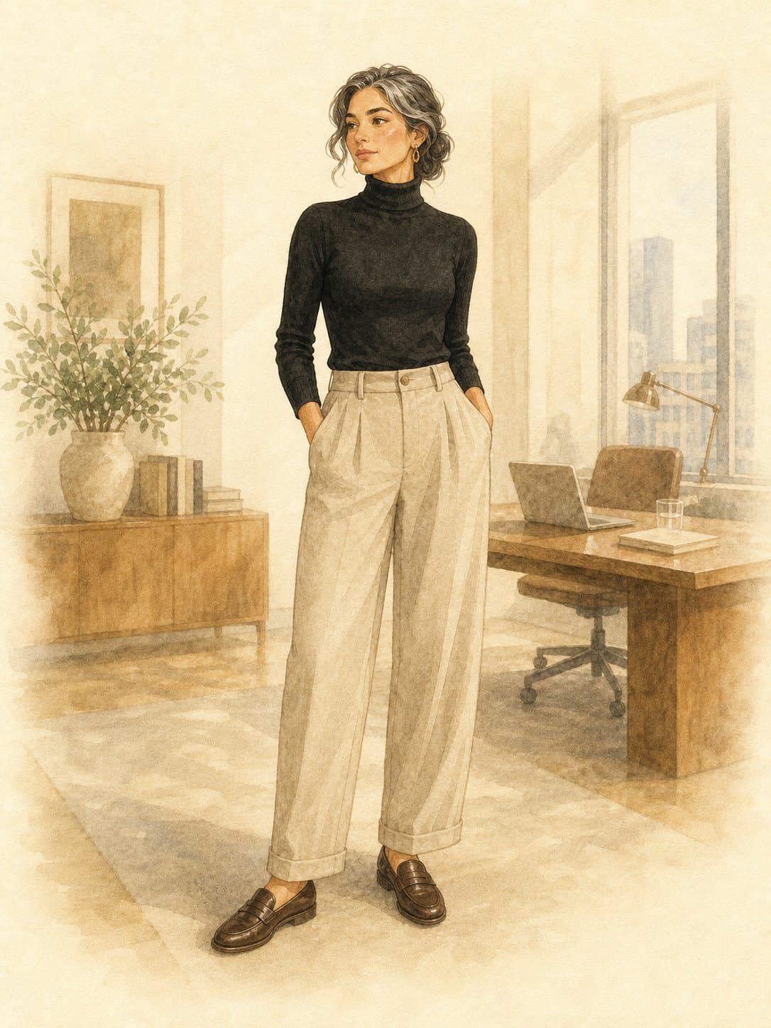 Work-From-Home Capsule, Hybrid-office day: black fine-gauge turtleneck, stone relaxed tapered trousers, dark brown leather loafers