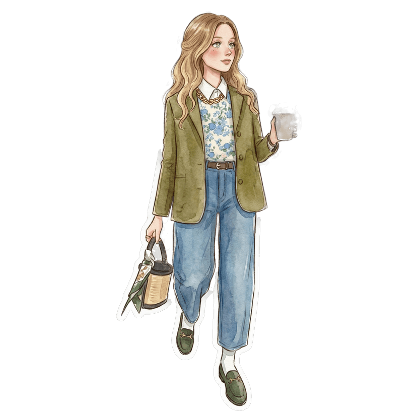 Job Interview Fall — white collared shirt, blue and white floral sweater vest, olive green wool blazer, blue wide-leg jeans, brown leather belt