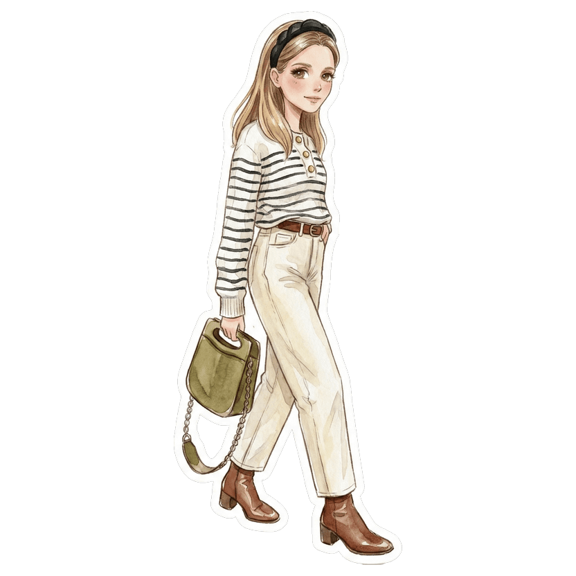 Clean Girl Fall — white and black striped sweater, cream straight-leg jeans, brown leather ankle boots, olive green shoulder bag with chain strap, black padded headband