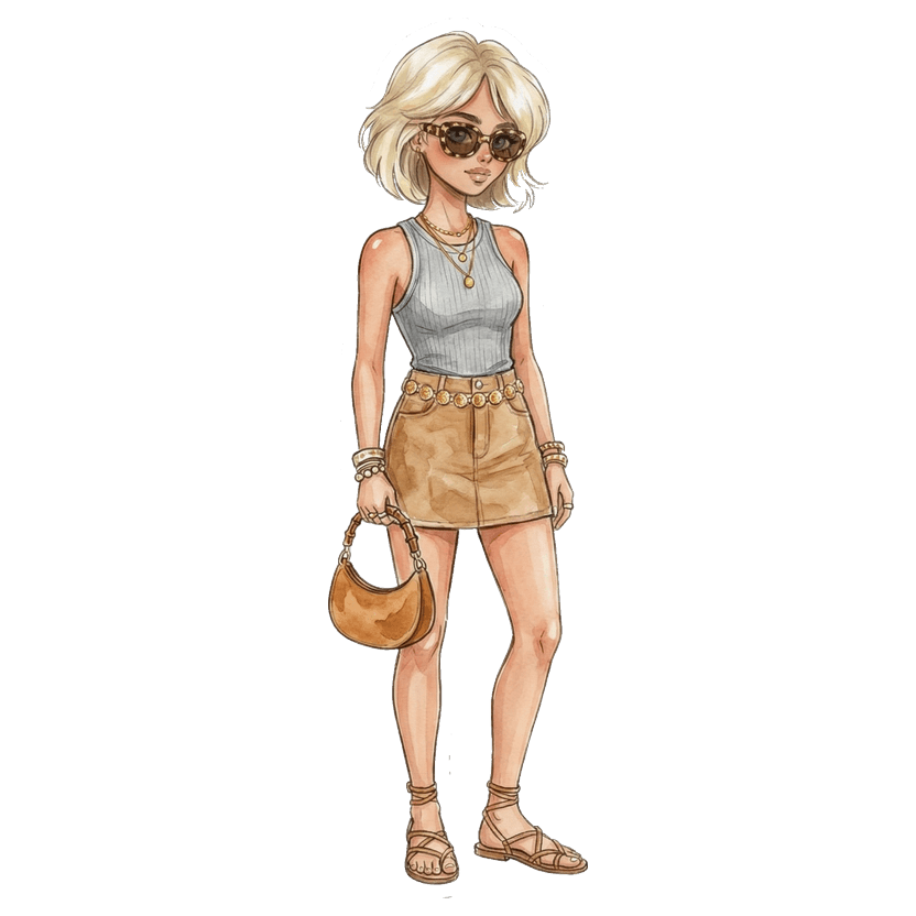 Los Angeles in June evening — tortoise sunglasses, grey ribbed tank top, tan suede mini skirt, tan strappy sandals, tan crescent shoulder bag
