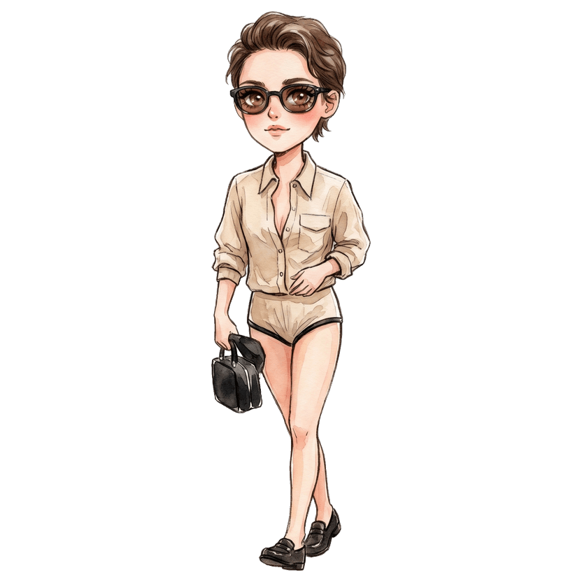 New York in August morning — beige button-up shirt, beige shorts with black trim, black loafers, black handbag, sunglasses