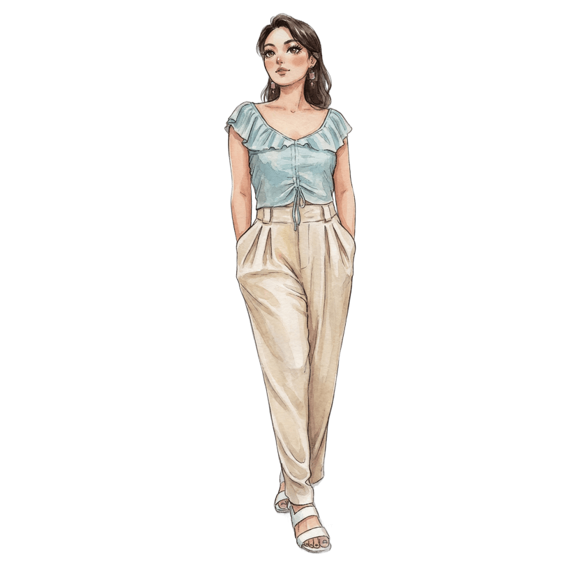 Paris in July morning — A light blue ruffled top paired with beige high-waisted pleated trousers and white sandals, accessorized with dangling earrings