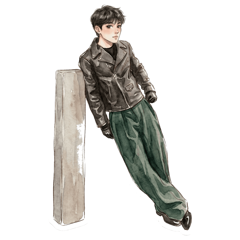 Outfit with leather jacket — black leather biker jacket, black t-shirt, dark green wide-leg trousers, black leather gloves, black leather shoes