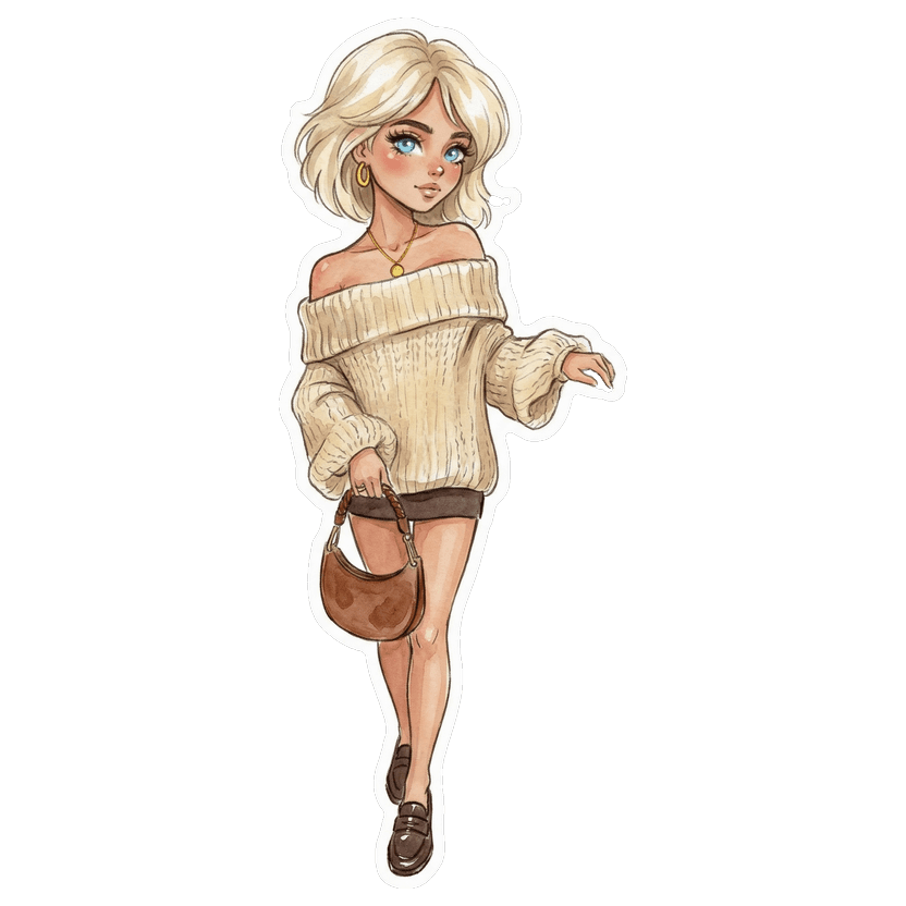 Seattle in June evening — beige chunky off-the-shoulder knit sweater, dark brown mini skirt, dark brown leather loafers, brown suede shoulder bag, gold pendant necklace