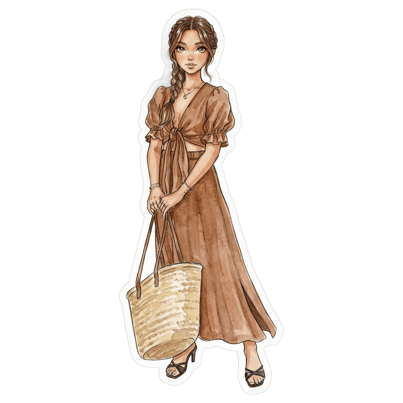 Paris in August evening — brown tie-front crop top with puff sleeves, brown maxi skirt with side slit, black strappy heeled sandals, large woven straw tote bag with brown leather handles, delicate gold necklace