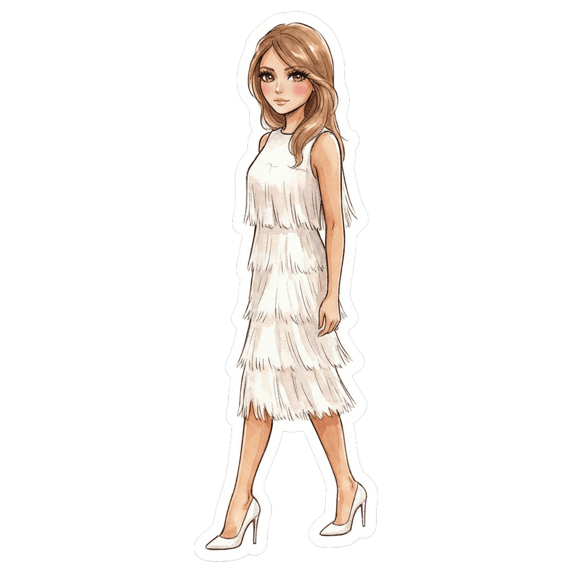 Chicago in August evening — white fringed sleeveless midi, white pointed-toe stiletto pumps