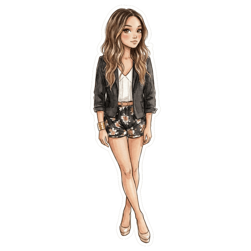 Las Vegas in June evening — black blazer, white v-neck top, black floral shorts, tan belt, gold cuff bracelet