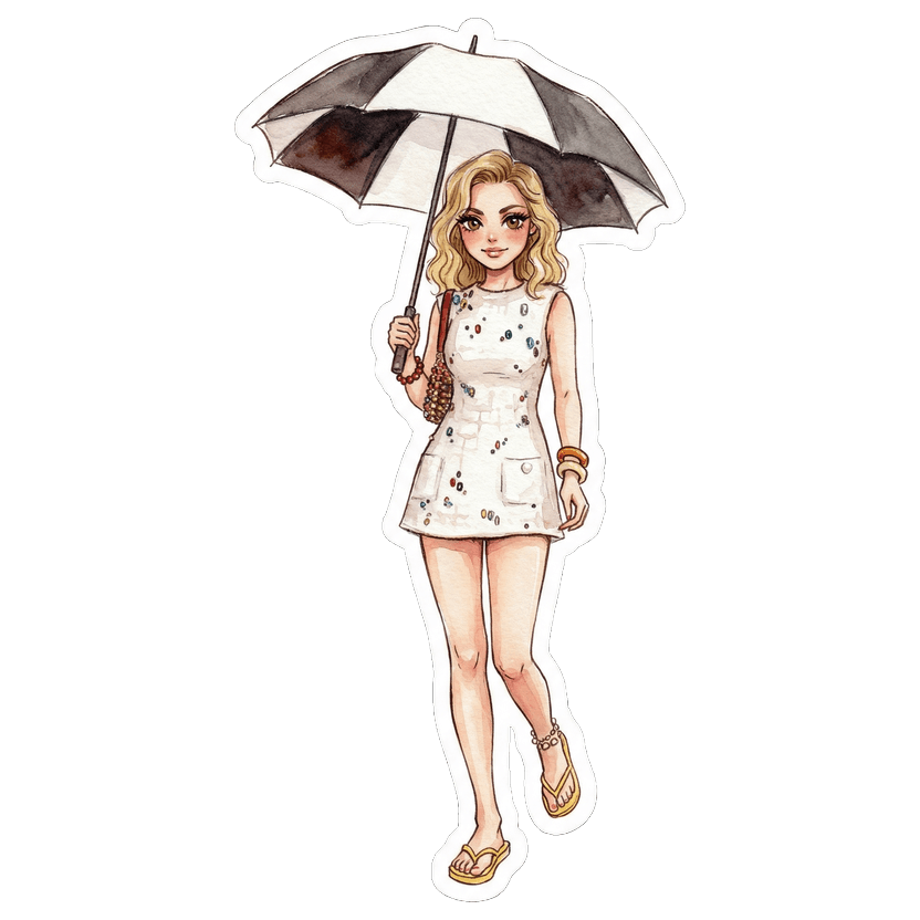 Bangkok in June morning — white embellished mini, yellow thong, beaded shoulder, black and white, chunky wooden