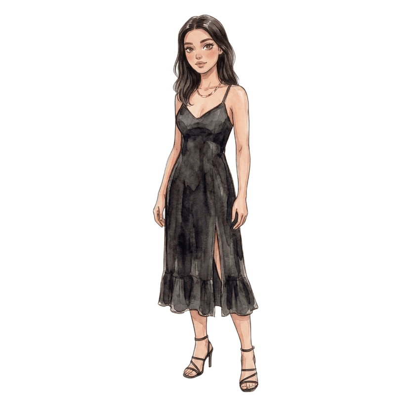 Lisbon in August evening — black slip midi dress with ruffled hem and side slit, black strappy heeled sandals, gold pendant necklace