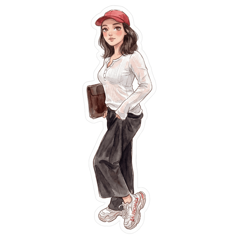 First Date Summer — red baseball cap, white long-sleeve henley shirt, black wide-leg trousers, white chunky sneakers with red detailing, dark brown leather portfolio