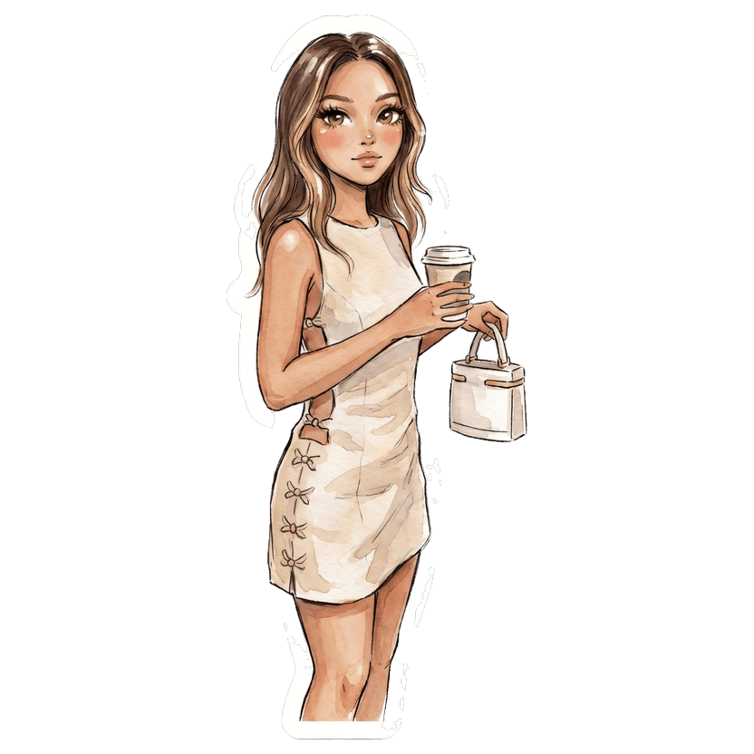 Chicago in August morning — beige sleeveless mini dress with side cutouts and knot details, white structured top-handle bag